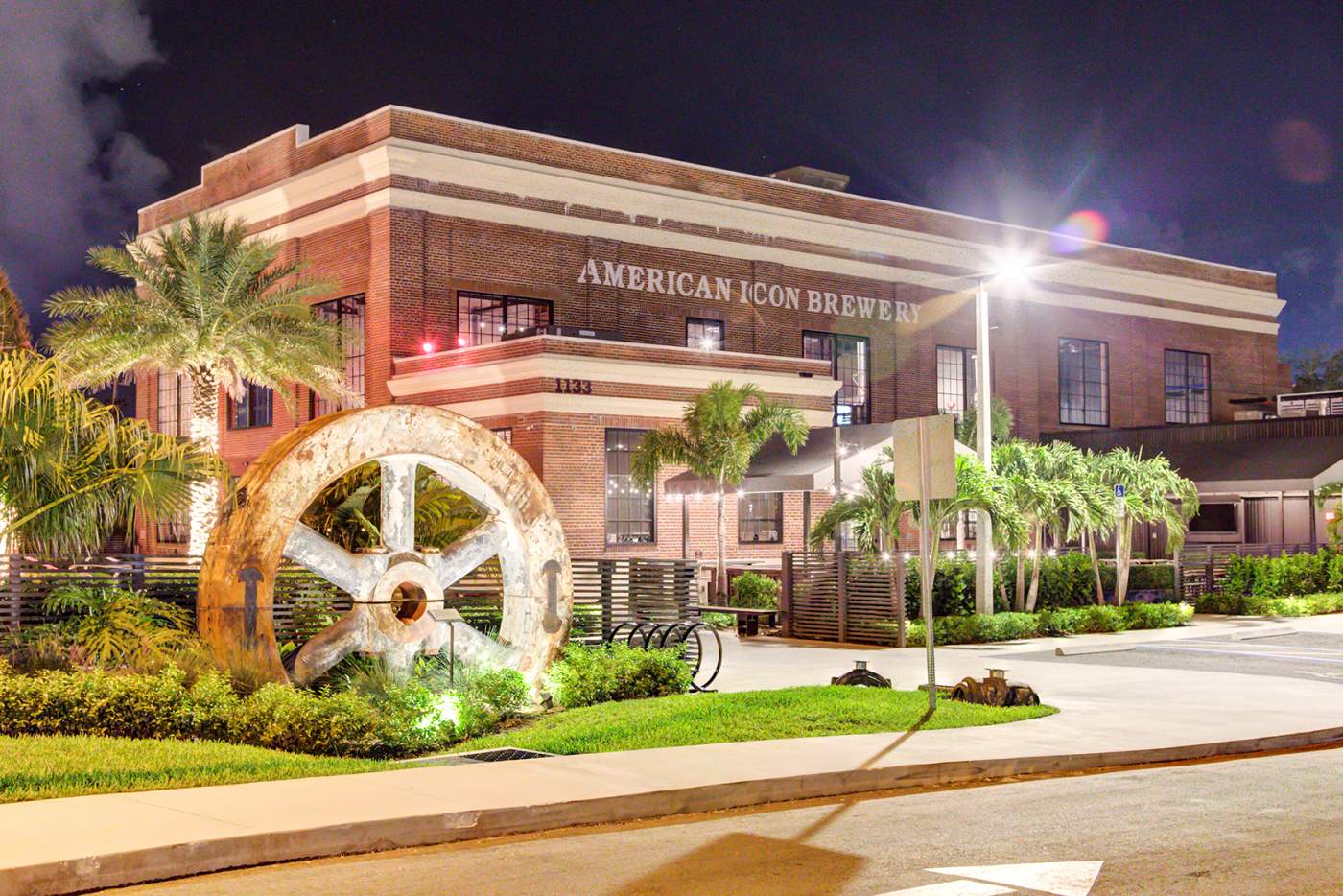 Brewery front of the building showing flywheel