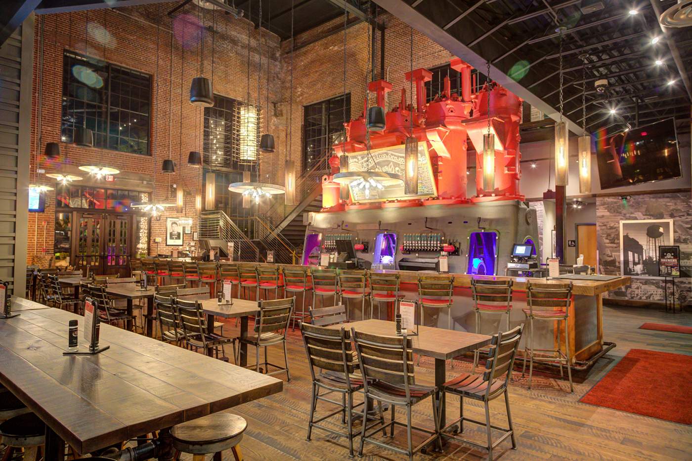 Interior tables and bar at night