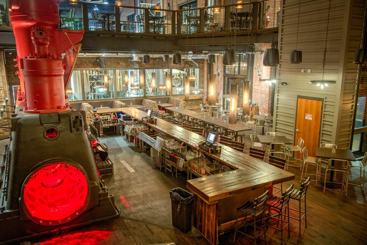 Interior bar and lighted engine at night